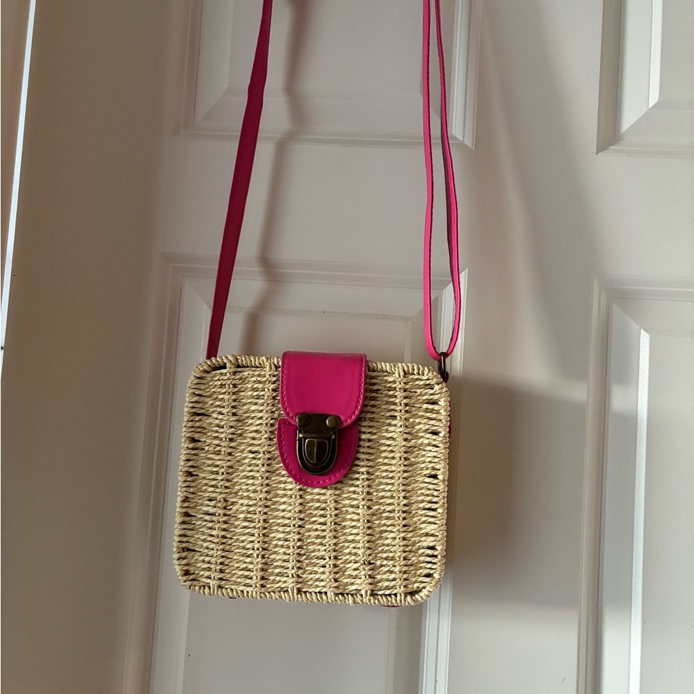 Chic Pink and Tan Woven Crossbody Bag
